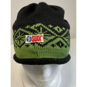 Swix Sport Wool Ski Hat Beanie Black Green Fair Isle Pom-Pom Lined Canada Made